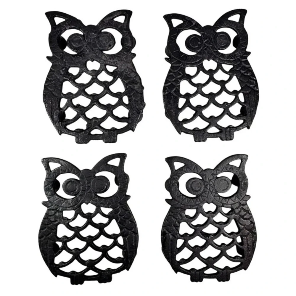 Set‎ of 4 Cast Iron Owl Trivets Black Rustic Kitchen Decor 5.5